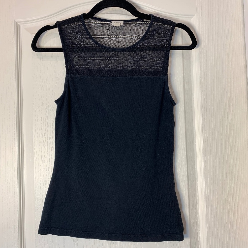 Black Lace Detail Tank Top Slim Fit Cotton Size S Layering Goth Feminine